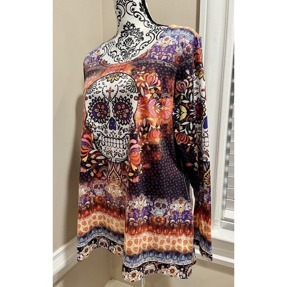 Women’s XL Abstract Floral Rhinestone Skull Embellished Tunic Top Whimsy Artsy - Picture 3 of 13
